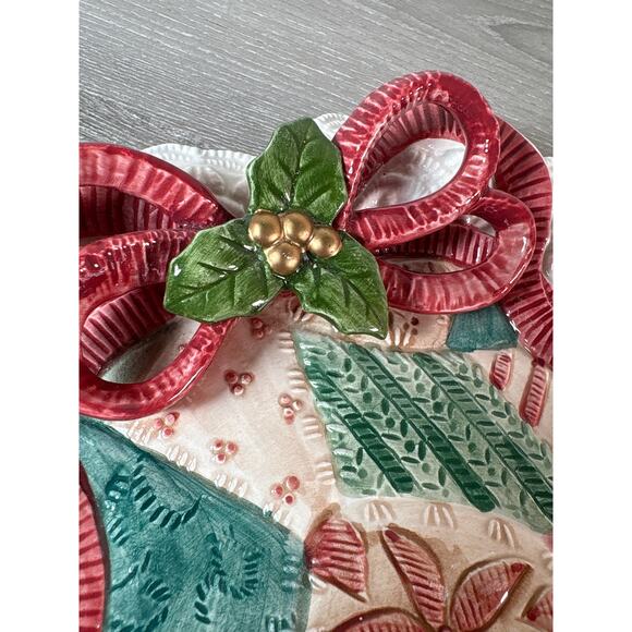 Vtg Fitz & Floyd Christmas Quilt Canape Plate Appetizer Lacey Edge & Bow 1992 9" - Picture 3 of 4